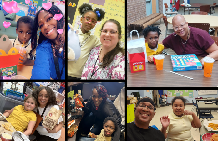  collage of 6 students and 6 teachers smiling at camera and eating lunch
